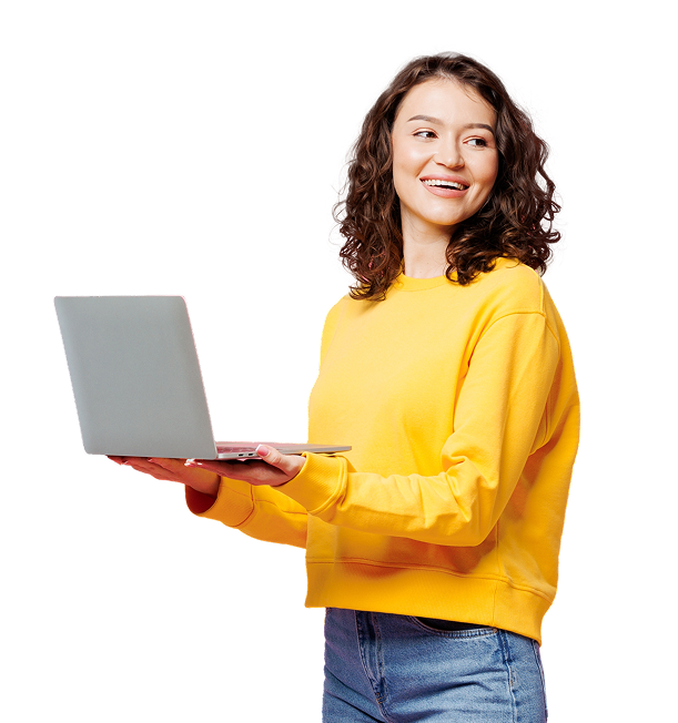 mujer con una computadora haciendo el tres personas haciendo el Servicios de Consultoría e Implantación