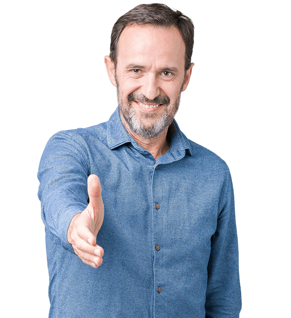 hombre con la mano estendida trabaja con nosotros